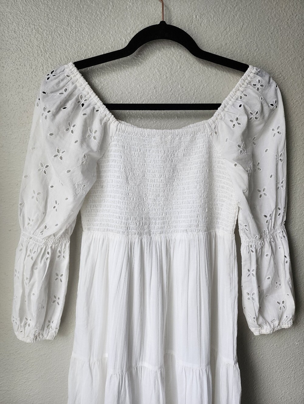 Aerie Smocked Tiered Bodice Eyelet Midi Dress Size Small In White - Picture 8 of 9